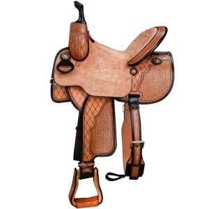 A speed western saddle featuring genuine sheep wool lining, cross hatch and sea shell patterns, customizable seat size, color and personalized conchos